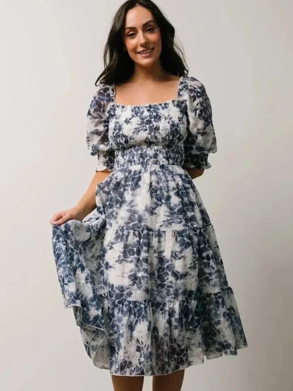 Baltic Born Hazel Eyelet Midi Dress in Navy Blue White XS